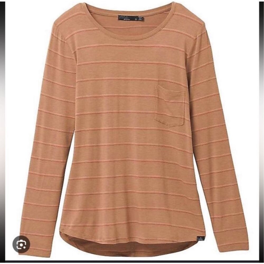 prAna $59 Foundation Long Sleeve Crew Pocket Tee Camel Heather Stripe XS NEW